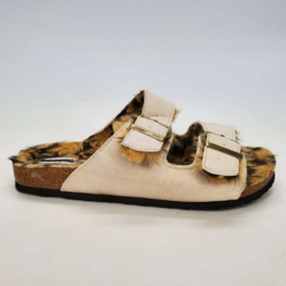 Vintage 93 Shoes Womens Cozi Slides Sandals Beige Leopard Faux Fur 9‎ M